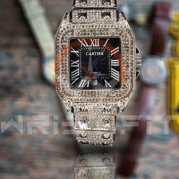 Cartier Sliver Iced Out Date Watch