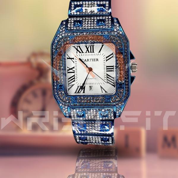 Cartier Blue Iced Out Date Watch