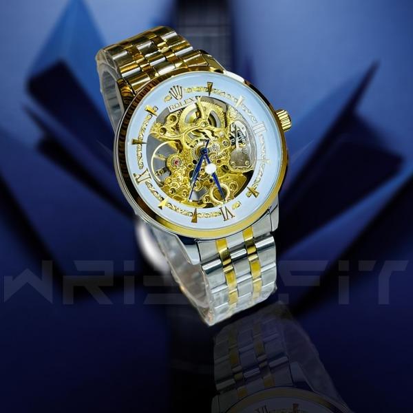 Rolex Automatic Golden White Skeleton Two Tone Silver Chain Watch