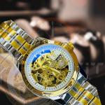 Rolex Golden White Automatic Skeleton Two Tone Silver Chain Watch